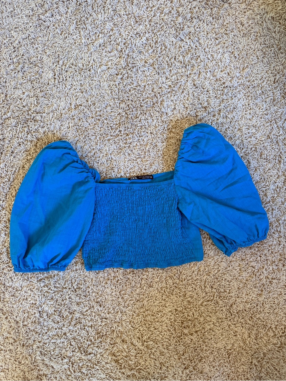 Zara Electric Blue Puff-Sleeve Smocked Crop Top